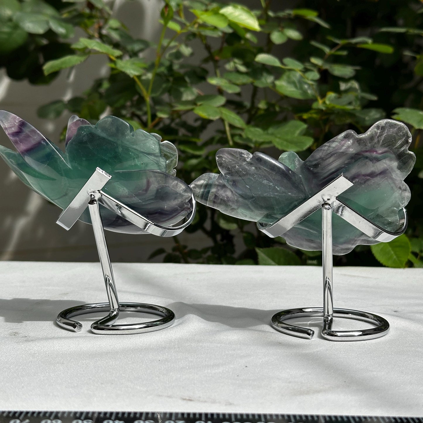 Premium Rainbow Fluorite Rose Carving on Metal Stand, Translucent Crystal Flower Sculpture, Healing Romantic Gift Approx 0.66lb