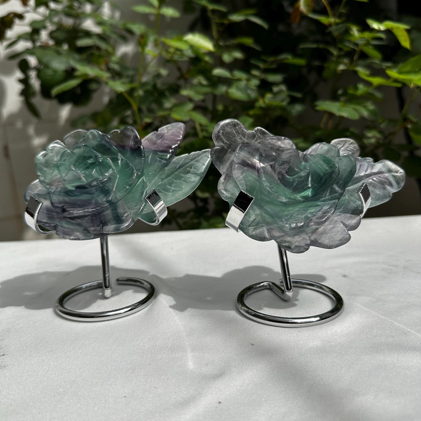 Premium Rainbow Fluorite Rose Carving on Metal Stand, Translucent Crystal Flower Sculpture, Healing Romantic Gift Approx 0.66lb