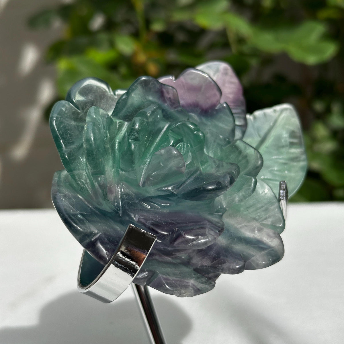 Premium Rainbow Fluorite Rose Carving on Metal Stand, Translucent Crystal Flower Sculpture, Healing Romantic Gift Approx 0.66lb - view 8
