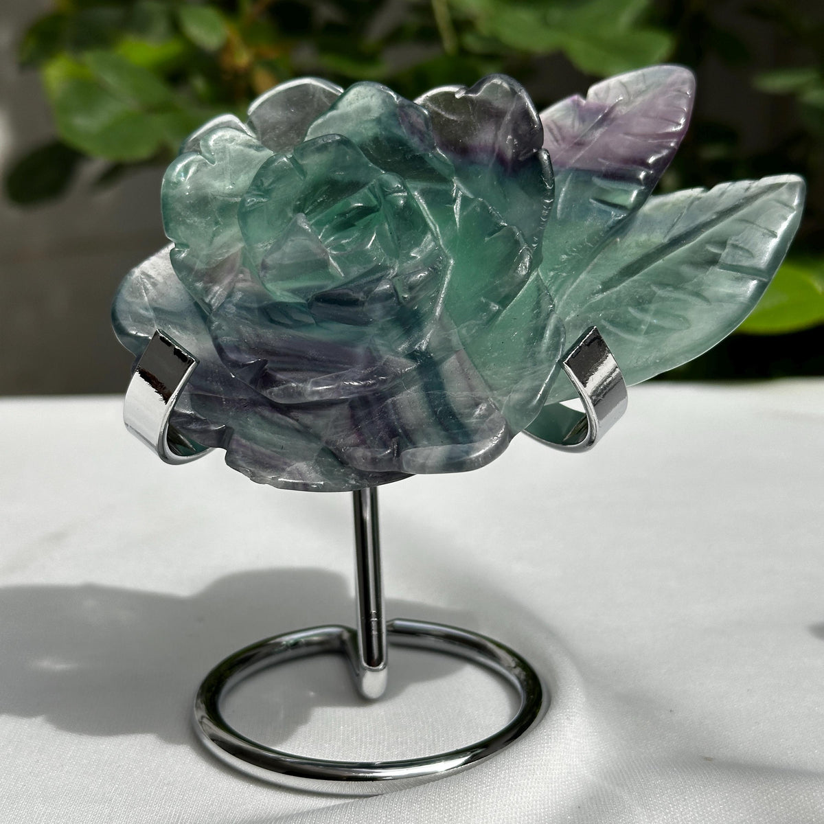 Premium Rainbow Fluorite Rose Carving on Metal Stand, Translucent Crystal Flower Sculpture, Healing Romantic Gift Approx 0.66lb - view 7