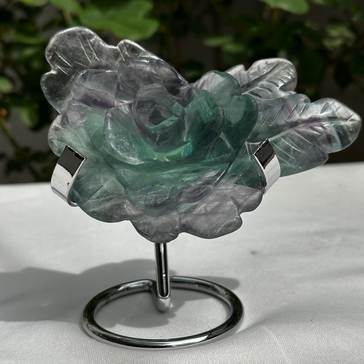 Premium Rainbow Fluorite Rose Carving on Metal Stand, Translucent Crystal Flower Sculpture, Healing Romantic Gift Approx 0.66lb - view 6