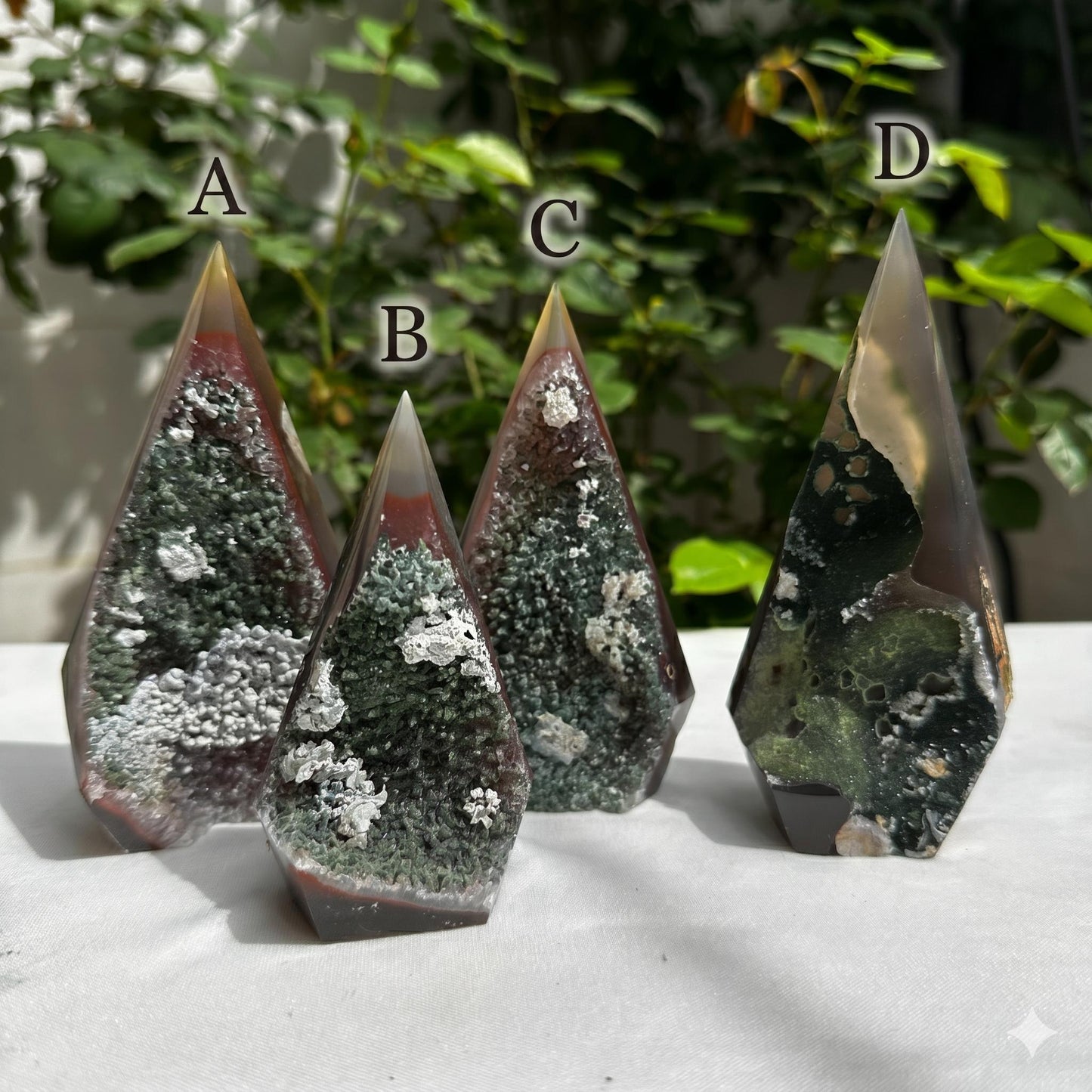 Rare Brazilian Agate Tower with Green Calcite Symbiosis, Polished Druzy Crystal Point, Enchanted Forest Core Decor, Pick Exact A-D
