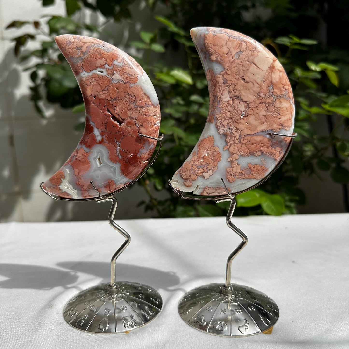 Natural Red Agate Crescent Moon on Zodiac Metal Stand, Polished Crystal Moon Carving, Celestial Witchy Decor Altar Centerpiece 7.5"