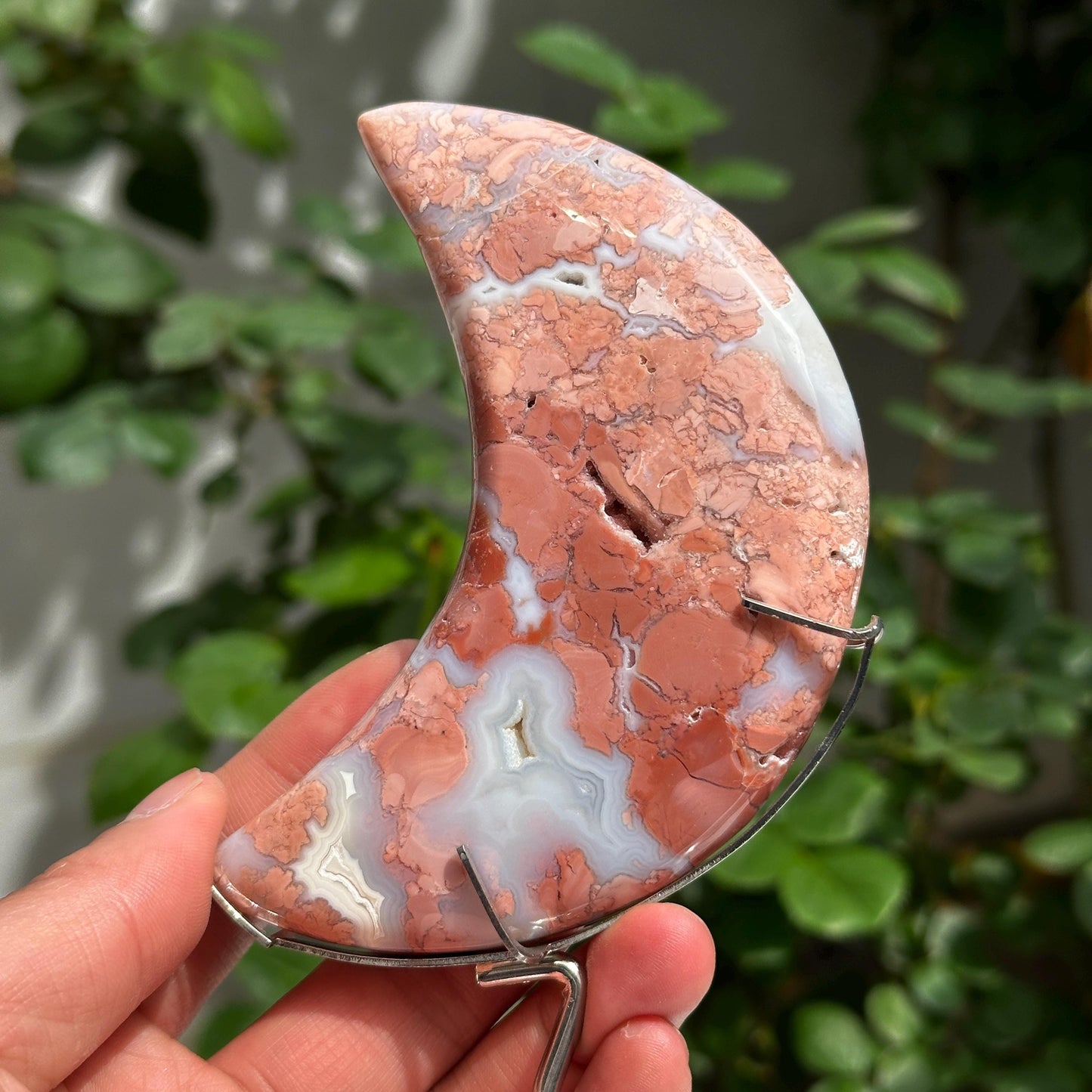 Natural Red Agate Crescent Moon on Zodiac Metal Stand, Polished Crystal Moon Carving, Celestial Witchy Decor Altar Centerpiece 7.5" - view 6