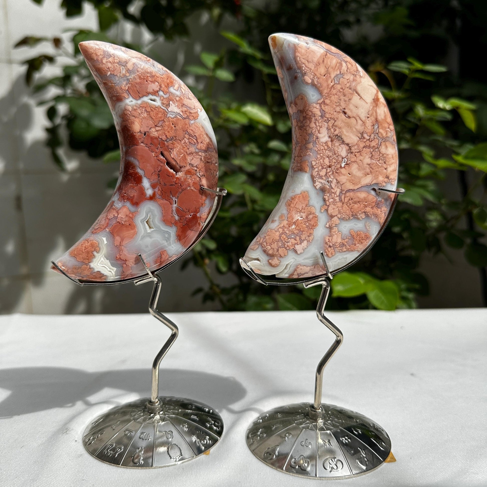 Natural Red Agate Crescent Moon on Zodiac Metal Stand, Polished Crystal Moon Carving, Celestial Witchy Decor Altar Centerpiece 7.5" - view 2