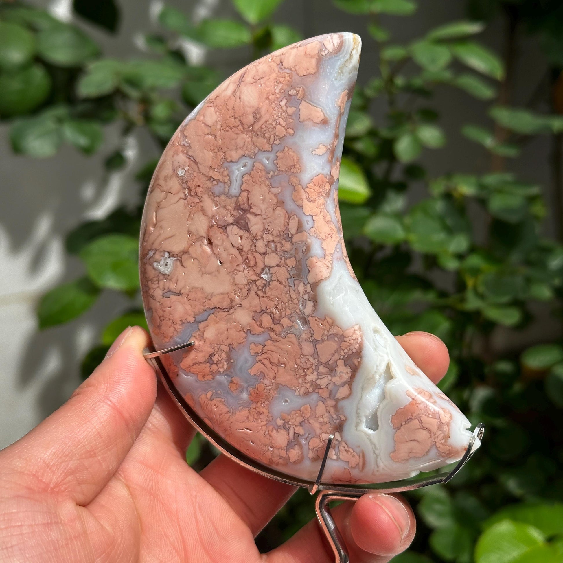 Natural Red Agate Crescent Moon on Zodiac Metal Stand, Polished Crystal Moon Carving, Celestial Witchy Decor Altar Centerpiece 7.5" - view 9