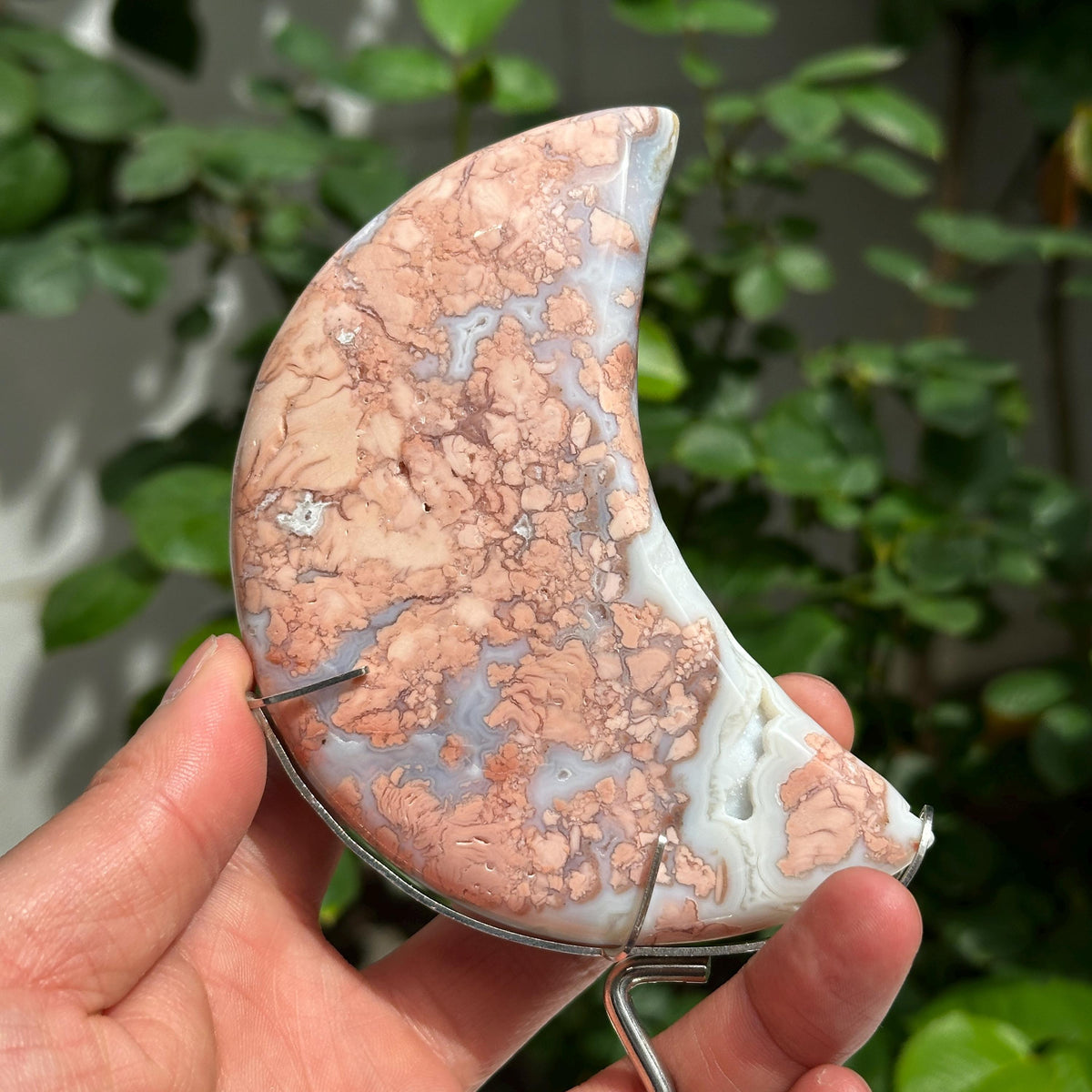 Natural Red Agate Crescent Moon on Zodiac Metal Stand, Polished Crystal Moon Carving, Celestial Witchy Decor Altar Centerpiece 7.5" - view 8