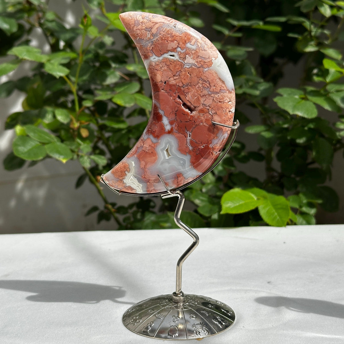 Natural Red Agate Crescent Moon on Zodiac Metal Stand, Polished Crystal Moon Carving, Celestial Witchy Decor Altar Centerpiece 7.5" - view 10