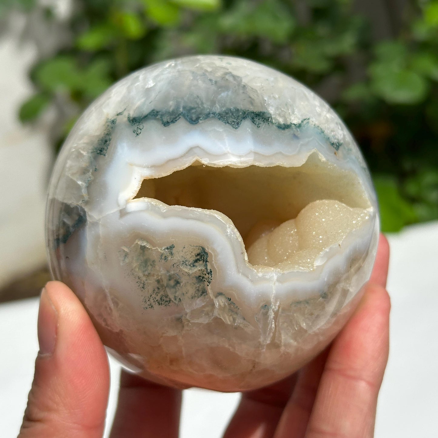 Natural Brazilian Agate Geode Sphere, Sugar Druzy Open Mouth Crystal Ball, Polished Smiling Agate with Free Stand, Exact Specimen 1.76lb