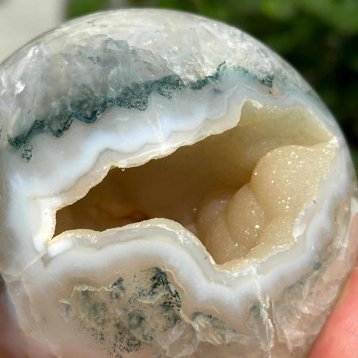 Natural Brazilian Agate Geode Sphere, Sugar Druzy Open Mouth Crystal Ball, Polished Smiling Agate with Free Stand, Exact Specimen 1.76lb - view 6