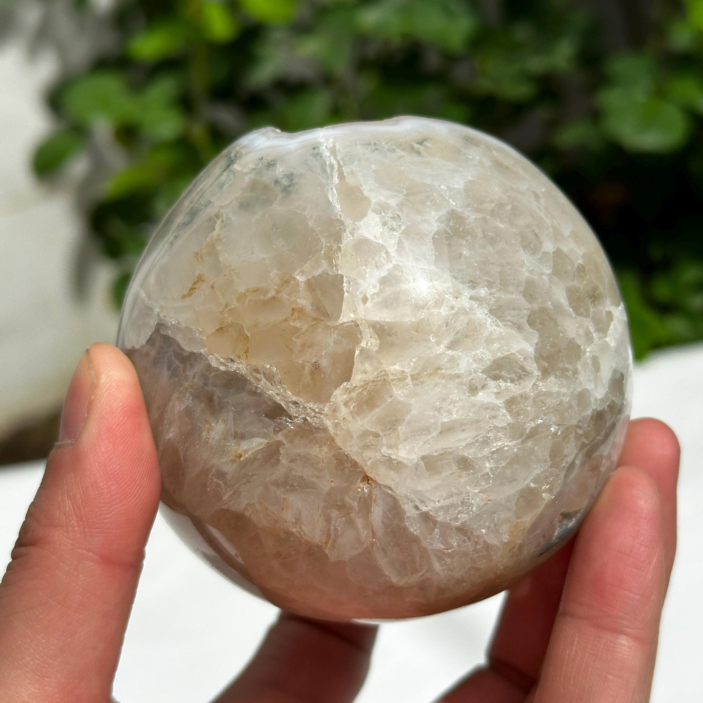 Natural Brazilian Agate Geode Sphere, Sugar Druzy Open Mouth Crystal Ball, Polished Smiling Agate with Free Stand, Exact Specimen 1.76lb