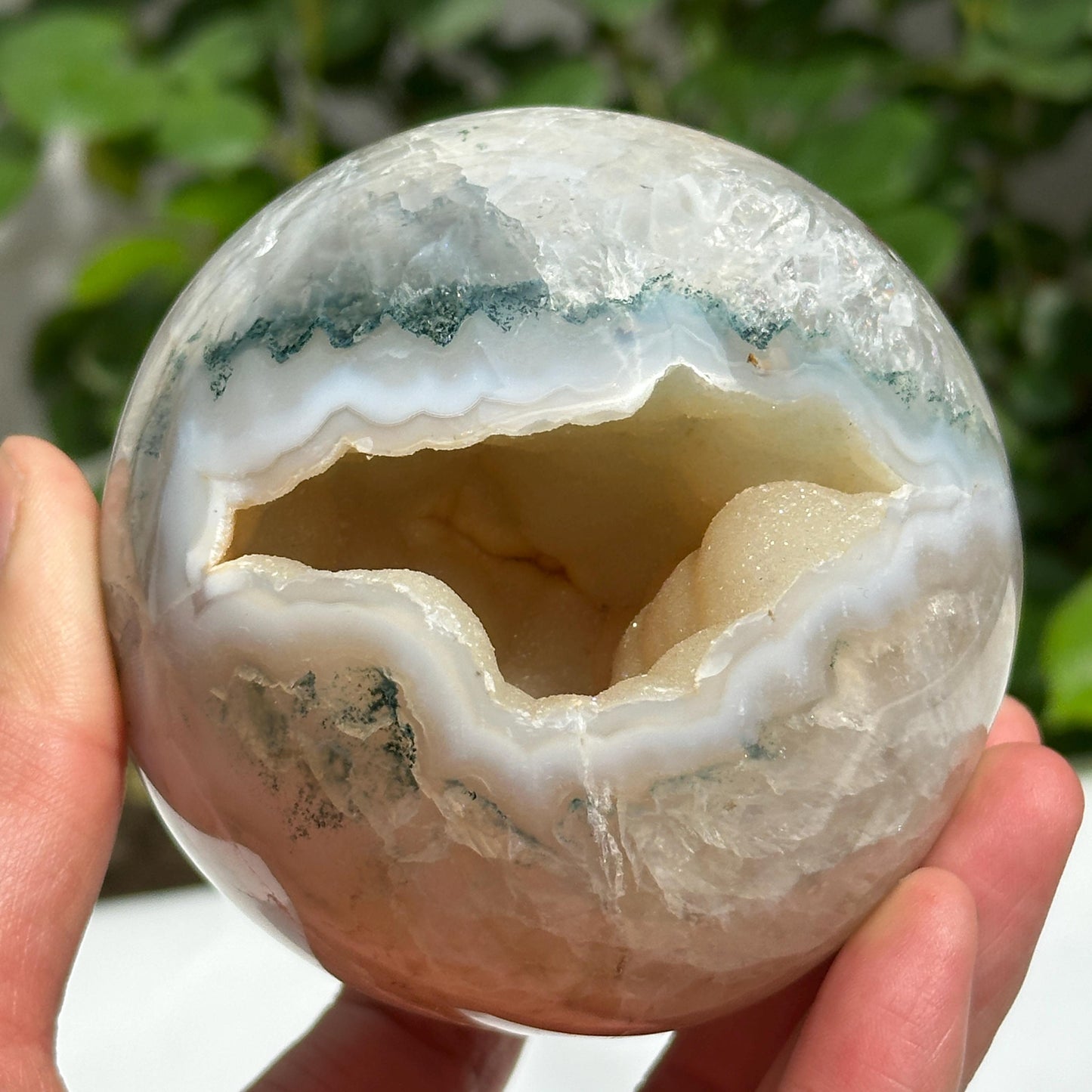 Natural Brazilian Agate Geode Sphere, Sugar Druzy Open Mouth Crystal Ball, Polished Smiling Agate with Free Stand, Exact Specimen 1.76lb - view 7
