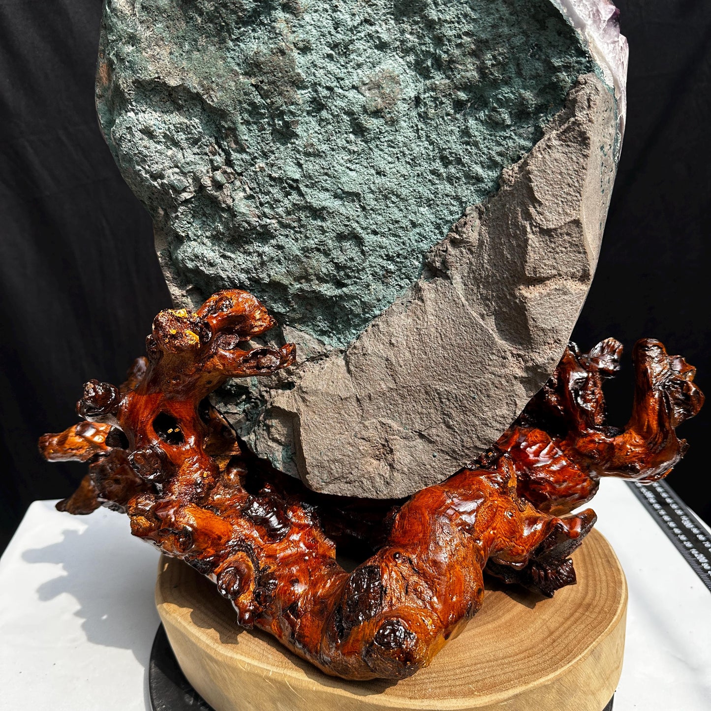 Massive 21.6lb Brazilian Amethyst Cluster, Rare Ice Cube Calcite & Red Rutile Symbiosis on Wood Stand, Giant Museum Specimen Exact