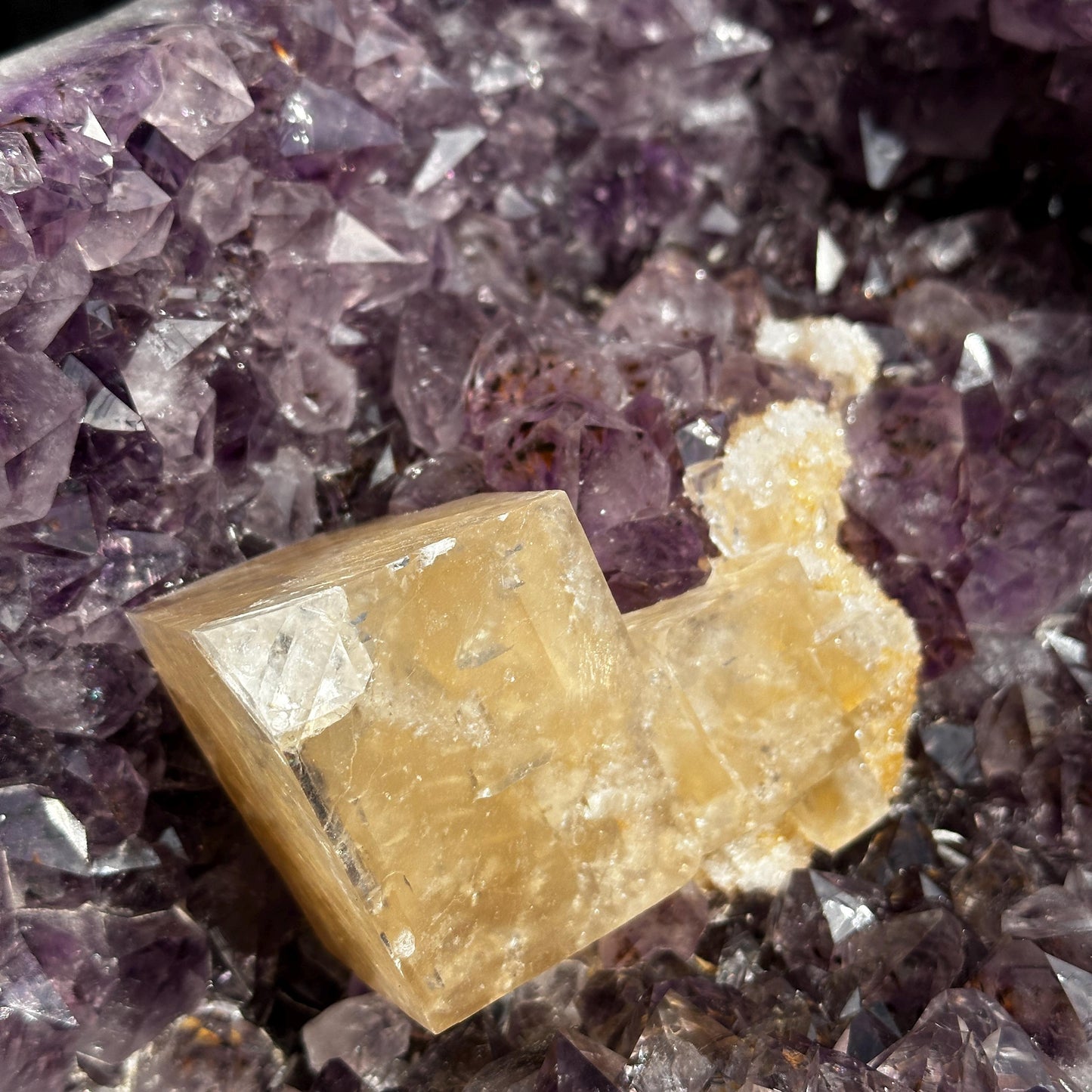 Massive 41.6lb Brazilian Amethyst Geode Basin, Rare Golden Calcite Symbiosis, Polished Crystal Cave Wealth Bowl Exact Specimen - view 8