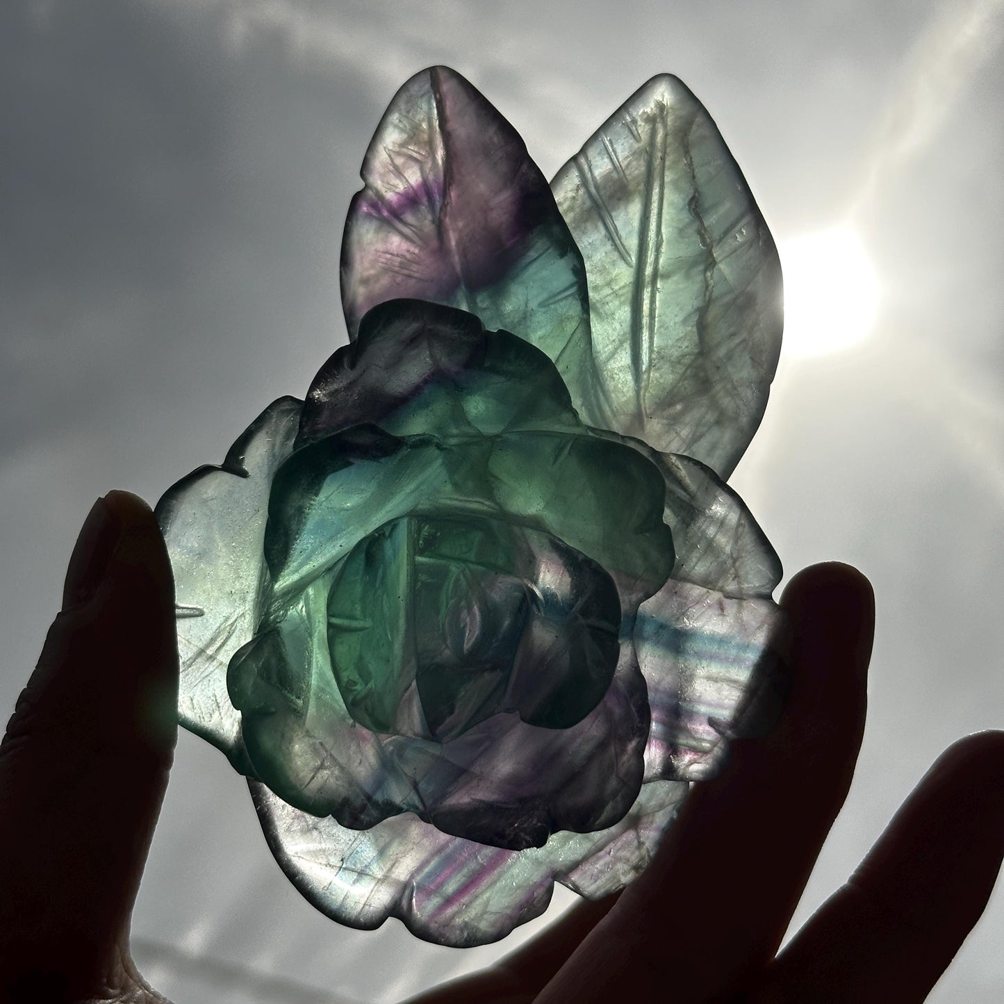 Premium Rainbow Fluorite Rose Carving on Metal Stand, Translucent Crystal Flower Sculpture, Healing Romantic Gift Approx 0.66lb