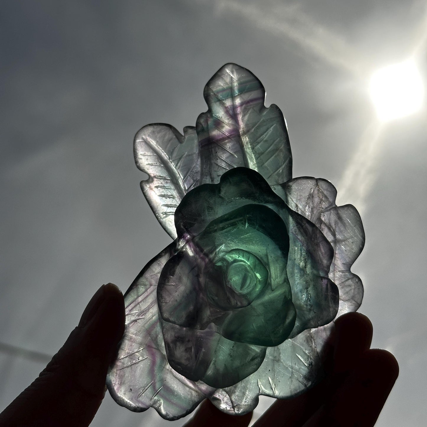 Premium Rainbow Fluorite Rose Carving on Metal Stand, Translucent Crystal Flower Sculpture, Healing Romantic Gift Approx 0.66lb