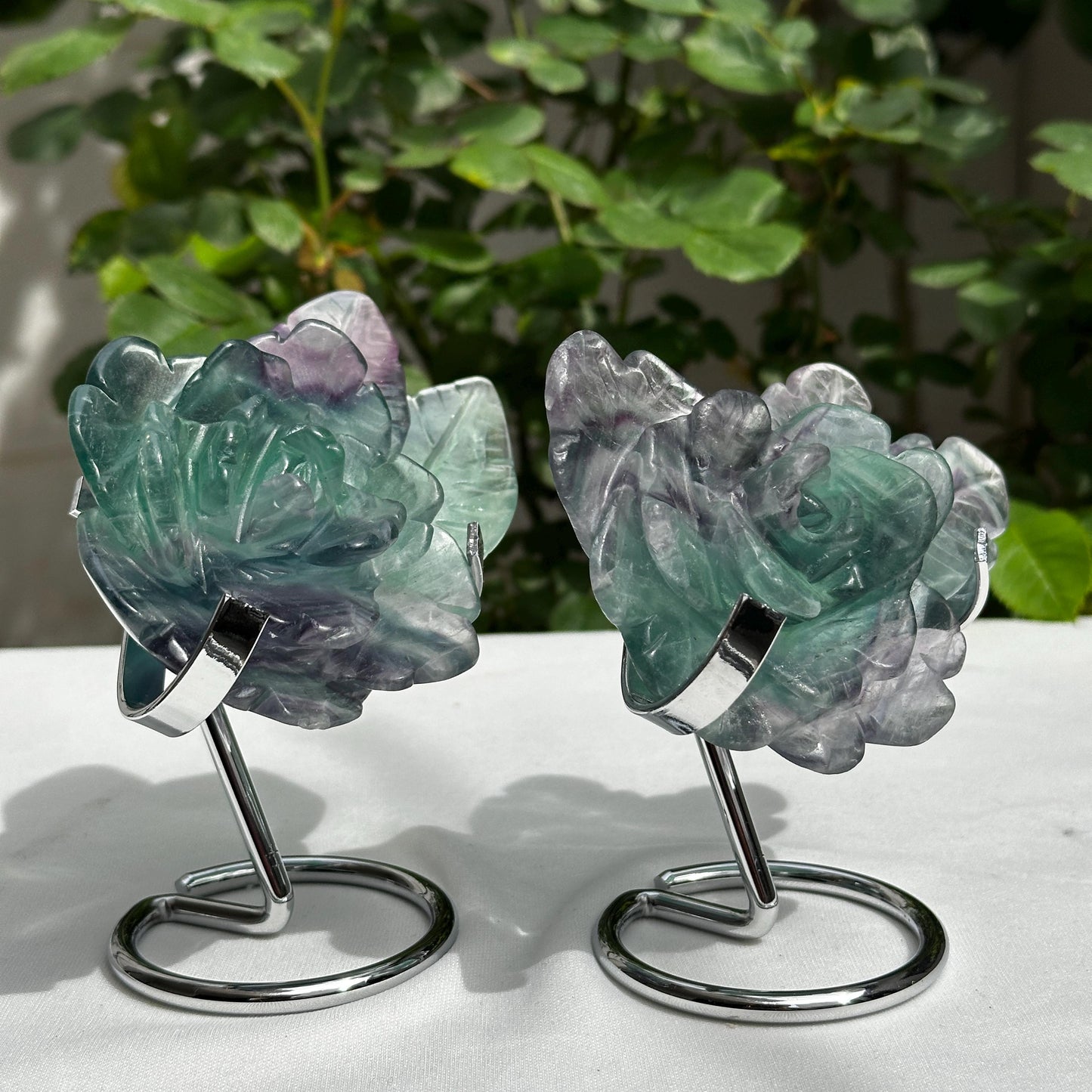 Premium Rainbow Fluorite Rose Carving on Metal Stand, Translucent Crystal Flower Sculpture, Healing Romantic Gift Approx 0.66lb