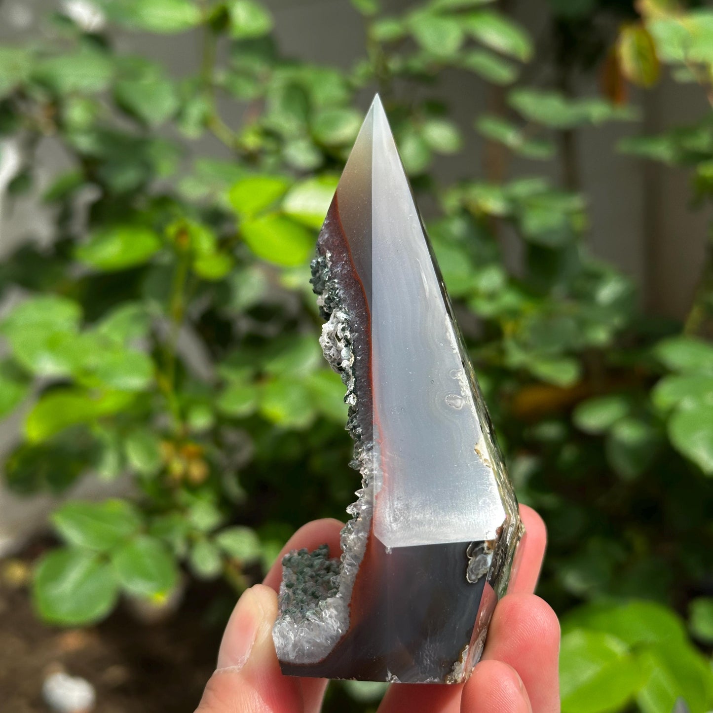 Rare Brazilian Agate Tower with Green Calcite Symbiosis, Polished Druzy Crystal Point, Enchanted Forest Core Decor, Pick Exact A-D