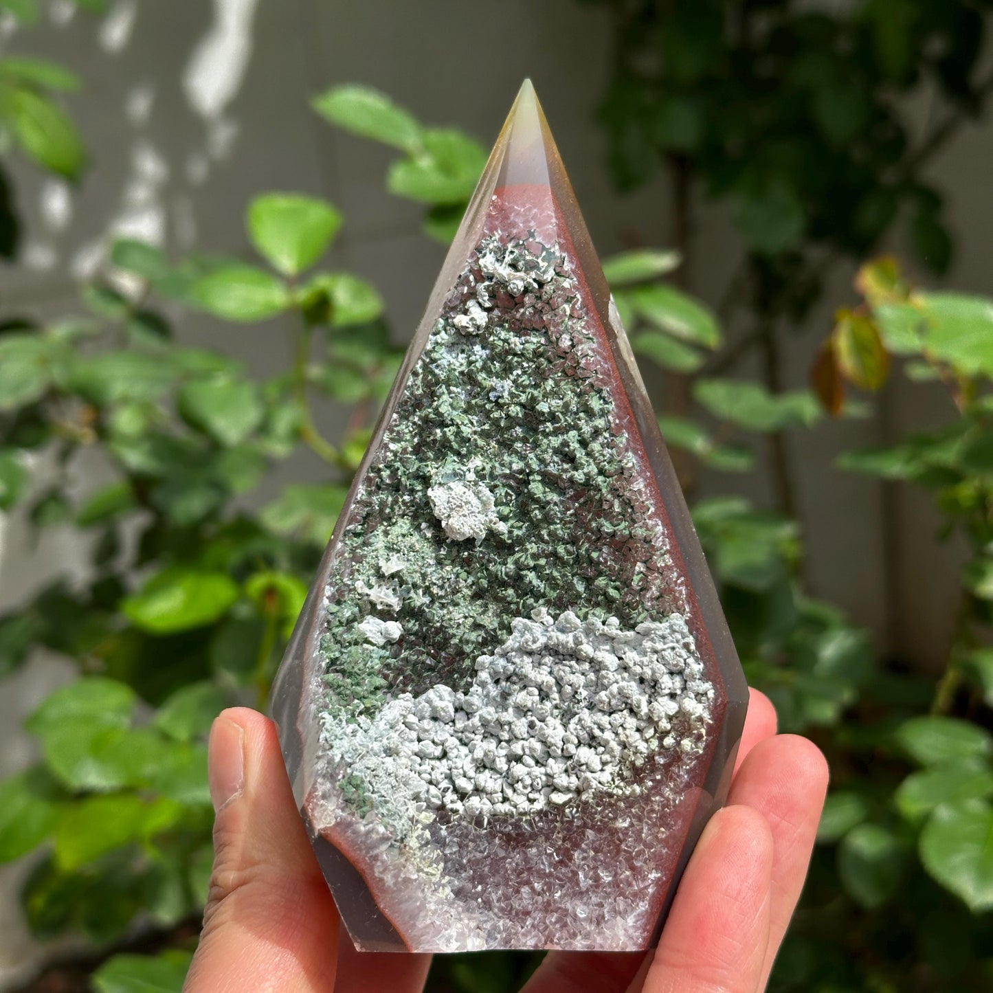 Rare Brazilian Agate Tower with Green Calcite Symbiosis, Polished Druzy Crystal Point, Enchanted Forest Core Decor, Pick Exact A-D