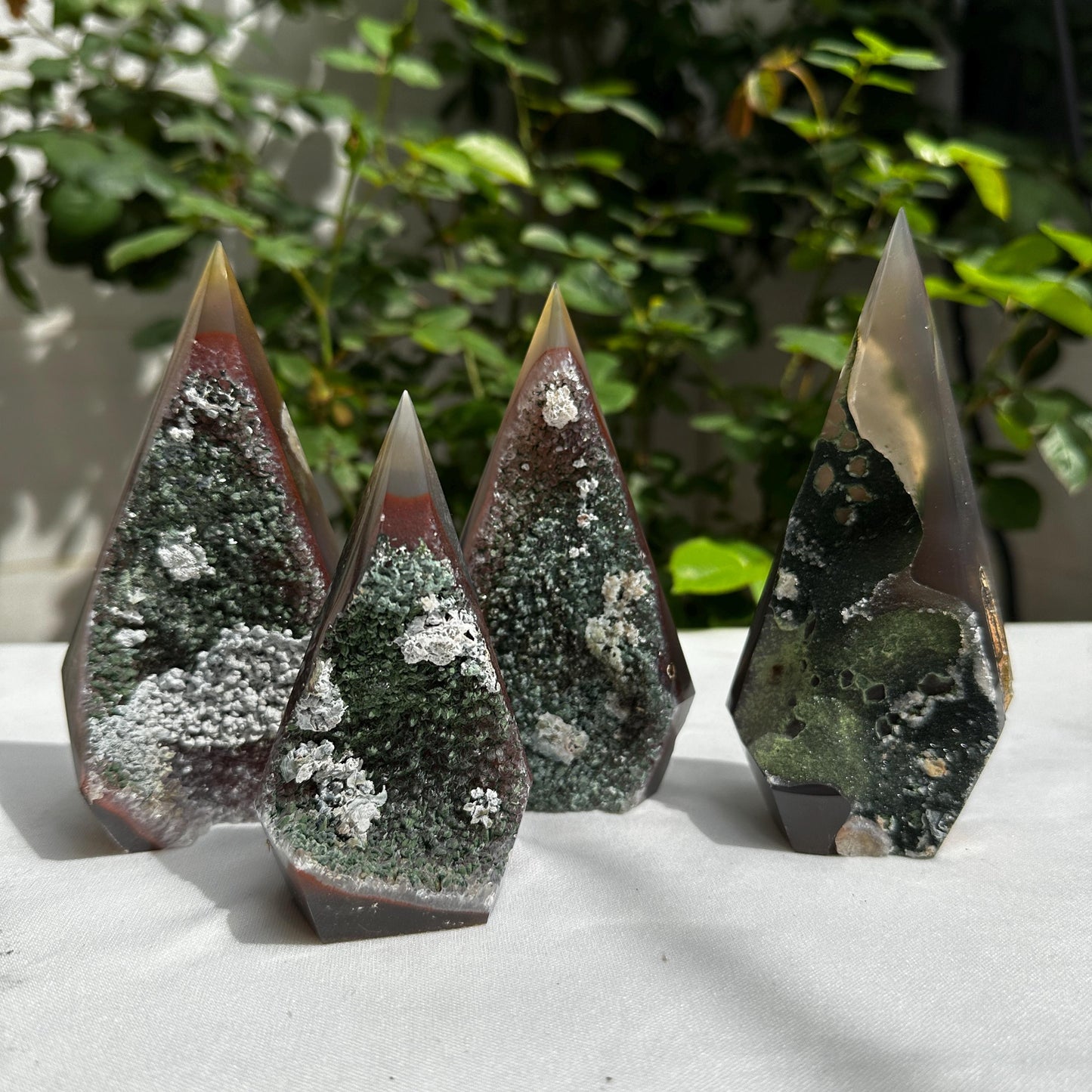 Rare Brazilian Agate Tower with Green Calcite Symbiosis, Polished Druzy Crystal Point, Enchanted Forest Core Decor, Pick Exact A-D