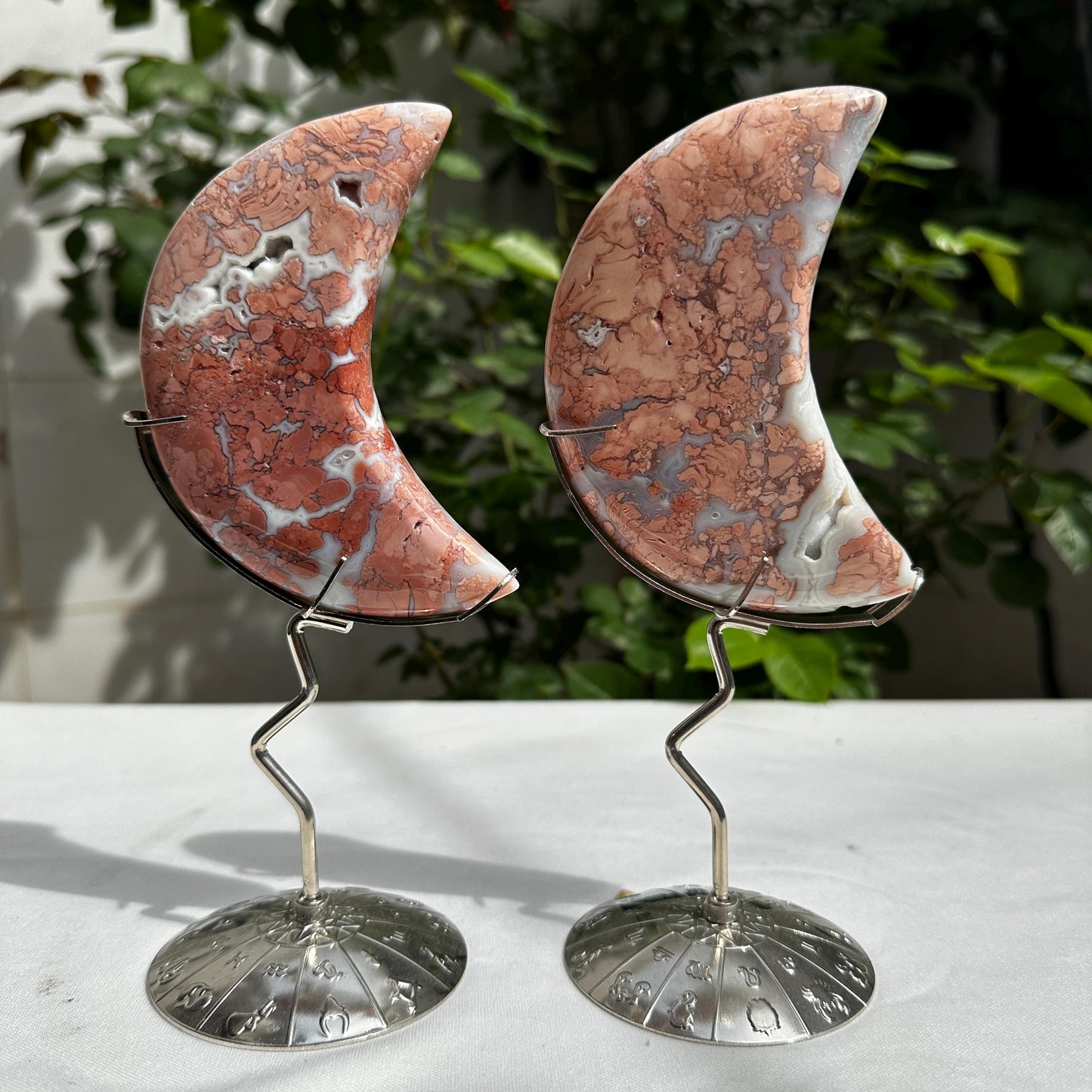Natural Red Agate Crescent Moon on Zodiac Metal Stand, Polished Crystal Moon Carving, Celestial Witchy Decor Altar Centerpiece 7.5"