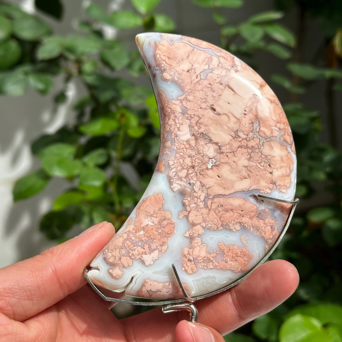 Natural Red Agate Crescent Moon on Zodiac Metal Stand, Polished Crystal Moon Carving, Celestial Witchy Decor Altar Centerpiece 7.5" - view 7