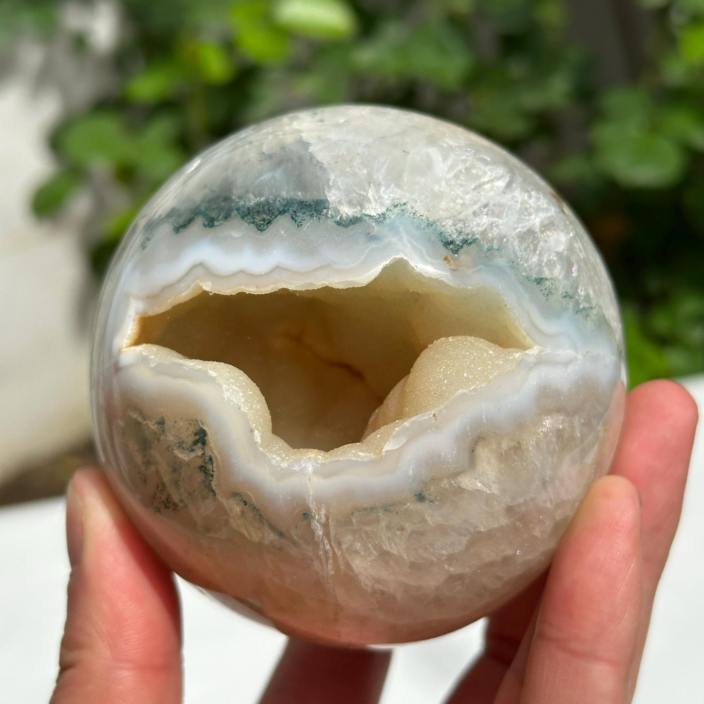 Natural Brazilian Agate Geode Sphere, Sugar Druzy Open Mouth Crystal Ball, Polished Smiling Agate with Free Stand, Exact Specimen 1.76lb