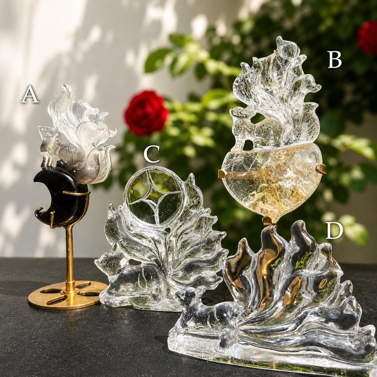 Hand Carved Crystal Nine-Tailed Fox, Clear Smoky Golden Healer Quartz Kitsune Statue, Fantasy Crystal Decor Pick Exact A-D