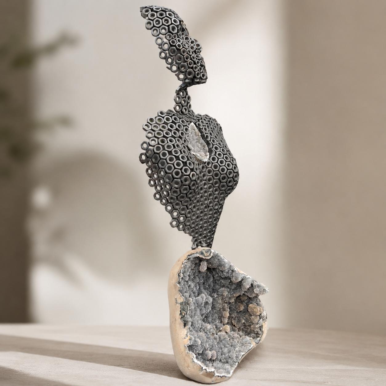 Industrial Nut Sculpture with Uruguayan Sugar Amethyst, Modern Human Figure Art, Large Geode Statement Piece, One of a Kind