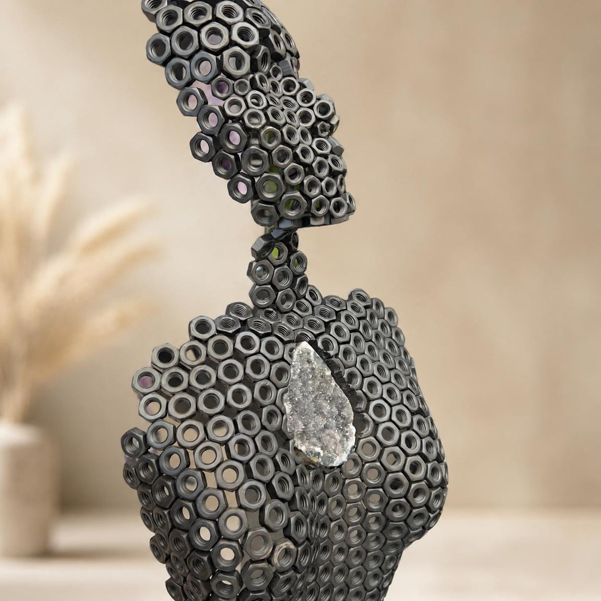 Industrial Nut Sculpture with Uruguayan Sugar Amethyst, Modern Human Figure Art, Large Geode Statement Piece, One of a Kind - view 3
