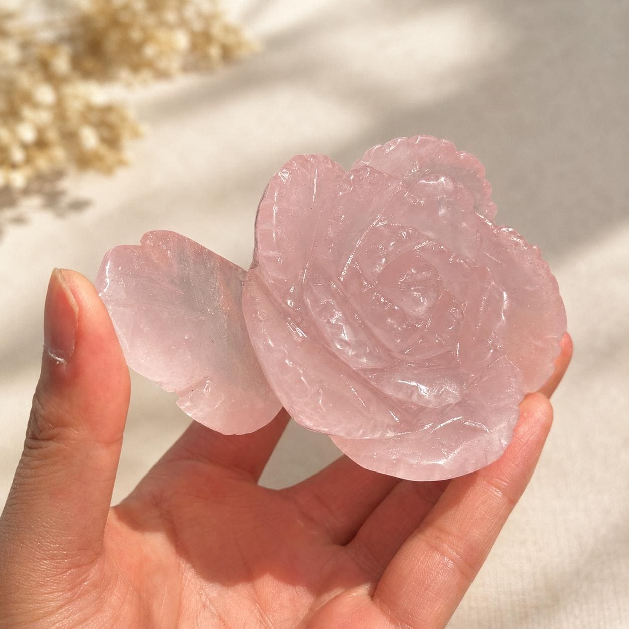 Natural Rose Quartz Flower Carving, Hand Carved Pink Crystal Rose with Free Stand, Crystal Flower Decor Gift - view 2