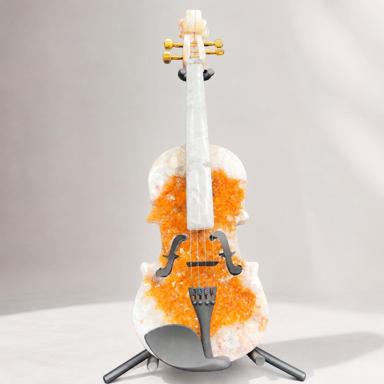 Citrine Agate Crystal Violin Sculpture, Brazilian Designer Handmade Music Art Collectible, One of a Kind Statement Decor