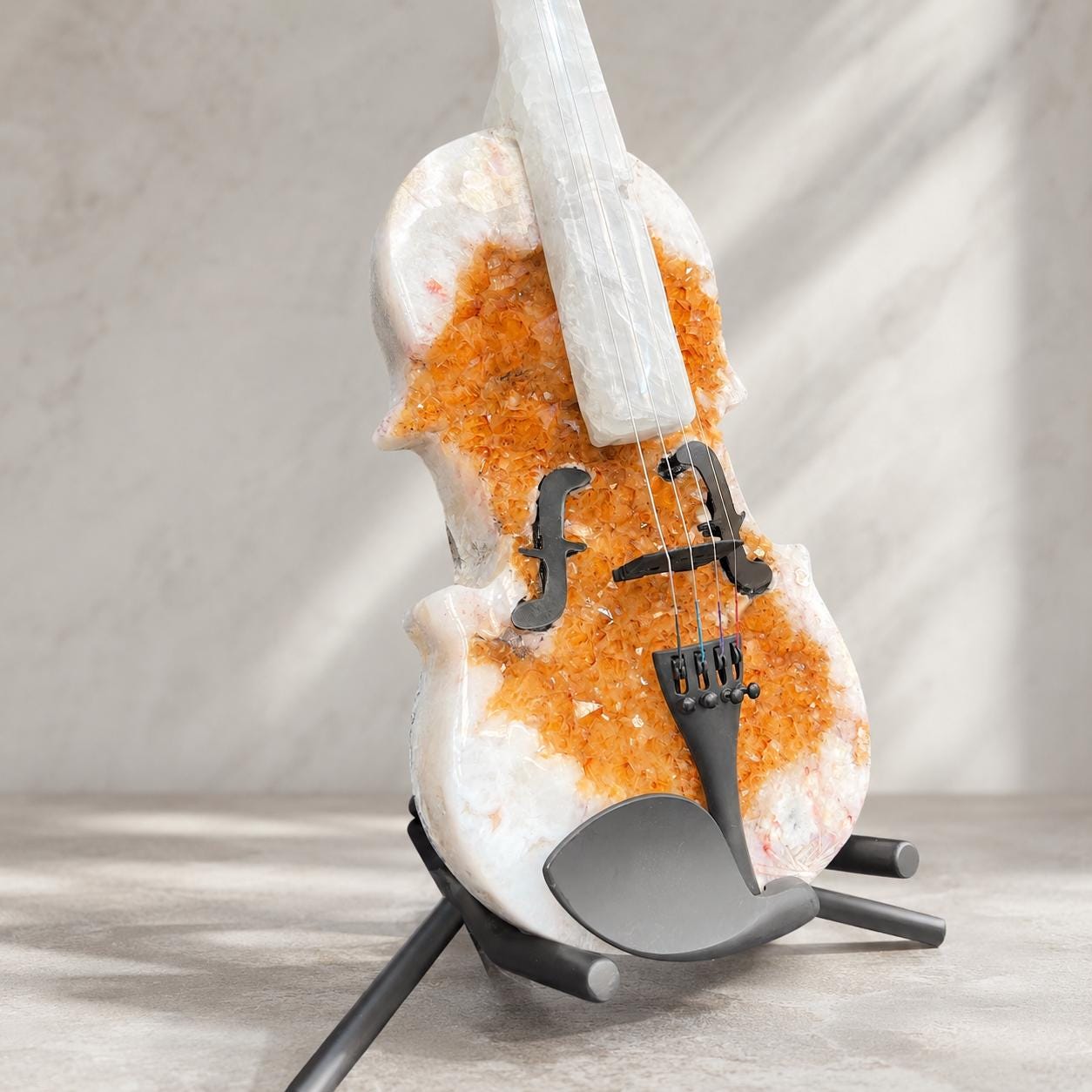 Citrine Agate Crystal Violin Sculpture, Brazilian Designer Handmade Music Art Collectible, One of a Kind Statement Decor