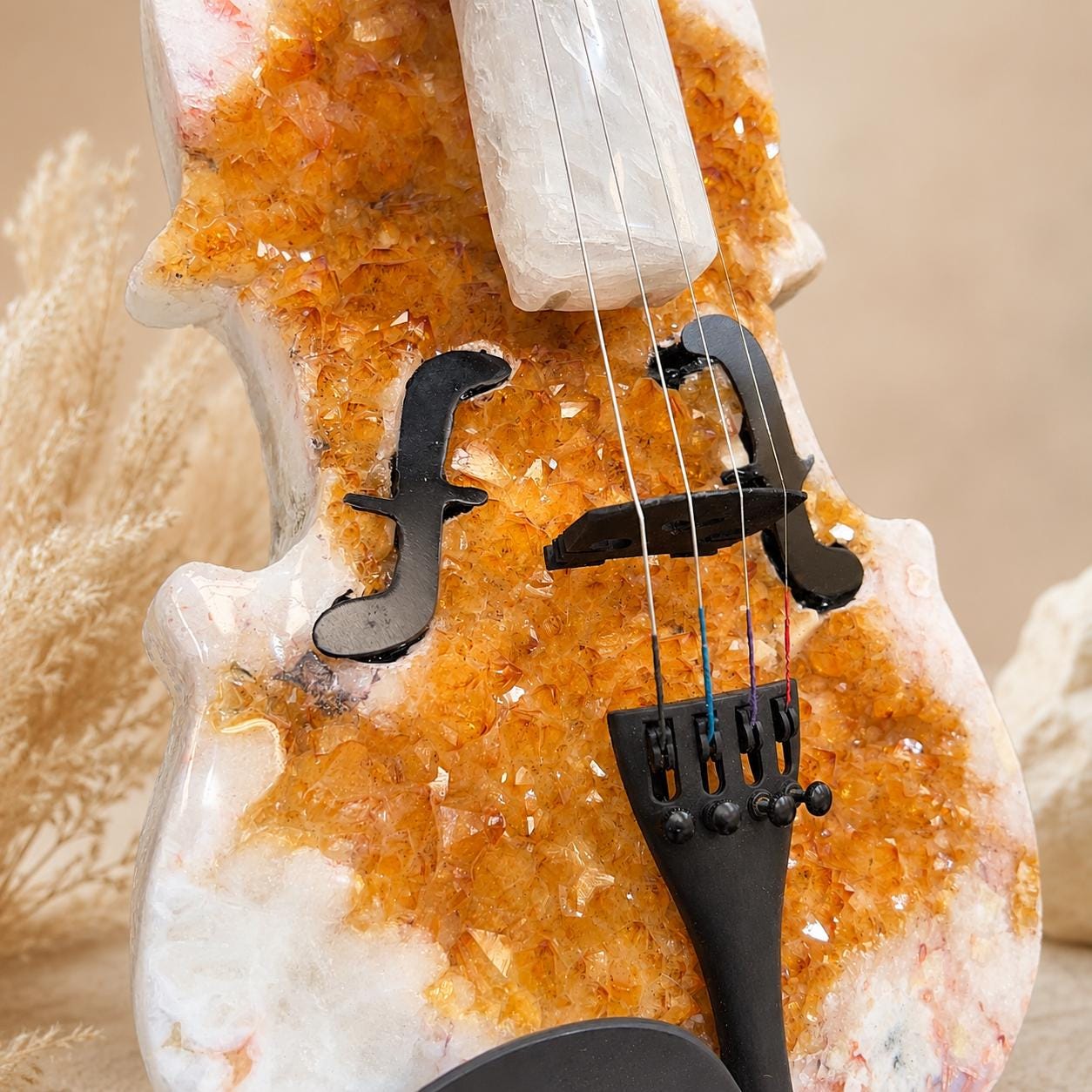 Citrine Agate Crystal Violin Sculpture, Brazilian Designer Handmade Music Art Collectible, One of a Kind Statement Decor