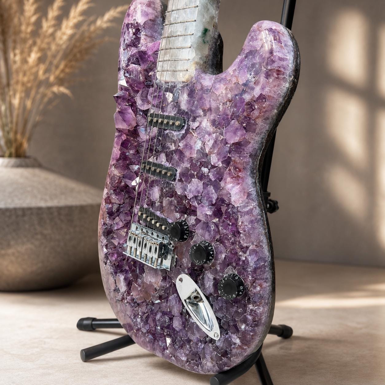 Amethyst Agate Crystal Guitar Sculpture, Brazilian Designer Handmade Music Art Collectible, One of a Kind Statement Decor