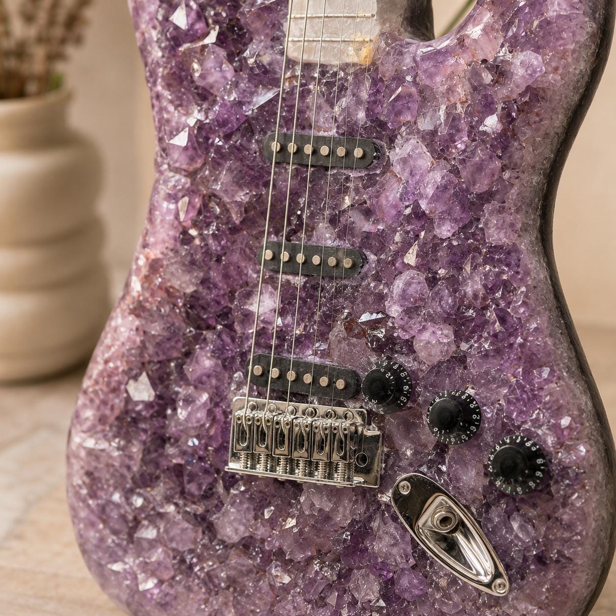 Amethyst Agate Crystal Guitar Sculpture, Brazilian Designer Handmade Music Art Collectible, One of a Kind Statement Decor - view 4