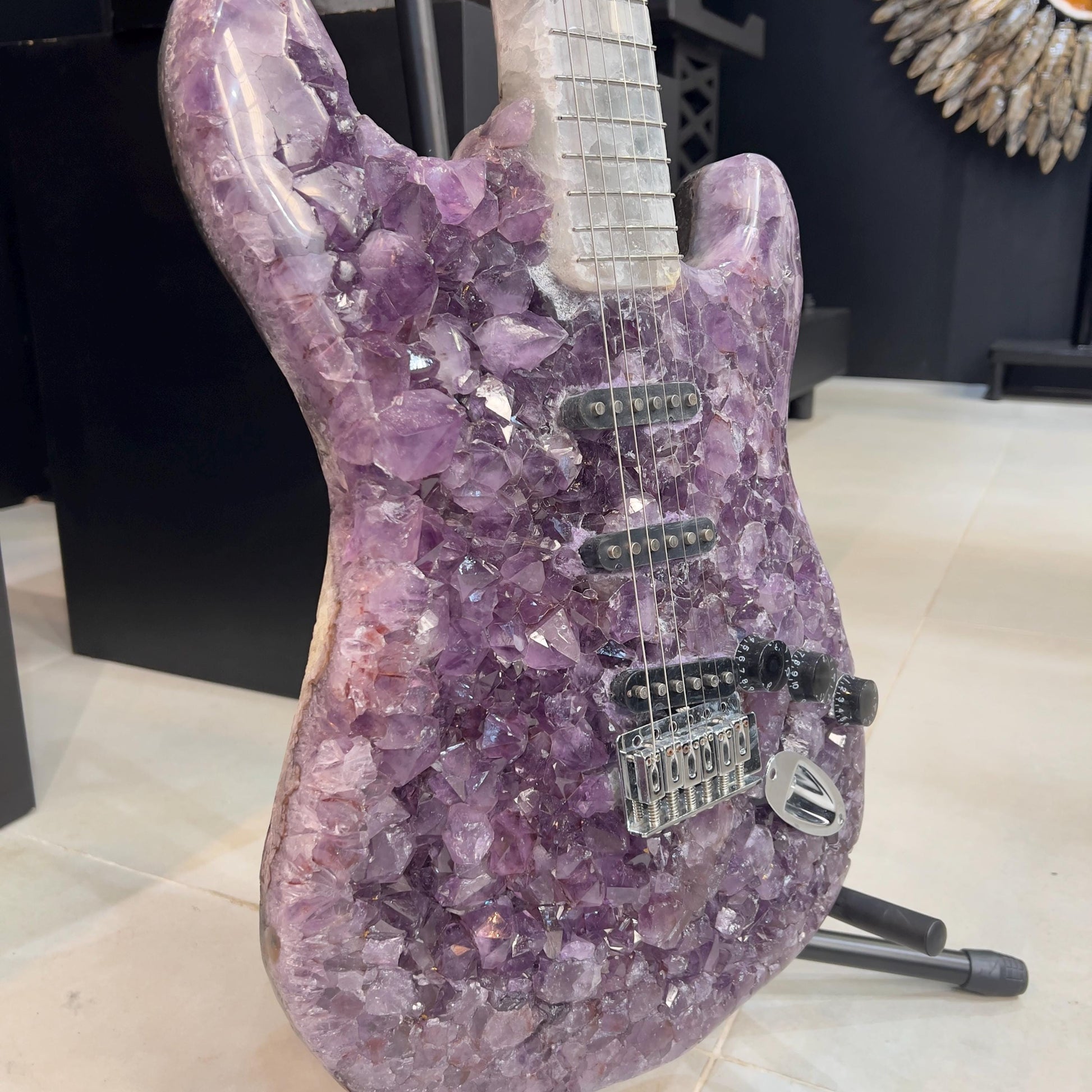 Amethyst Agate Crystal Guitar Sculpture, Brazilian Designer Handmade Music Art Collectible, One of a Kind Statement Decor - view 2