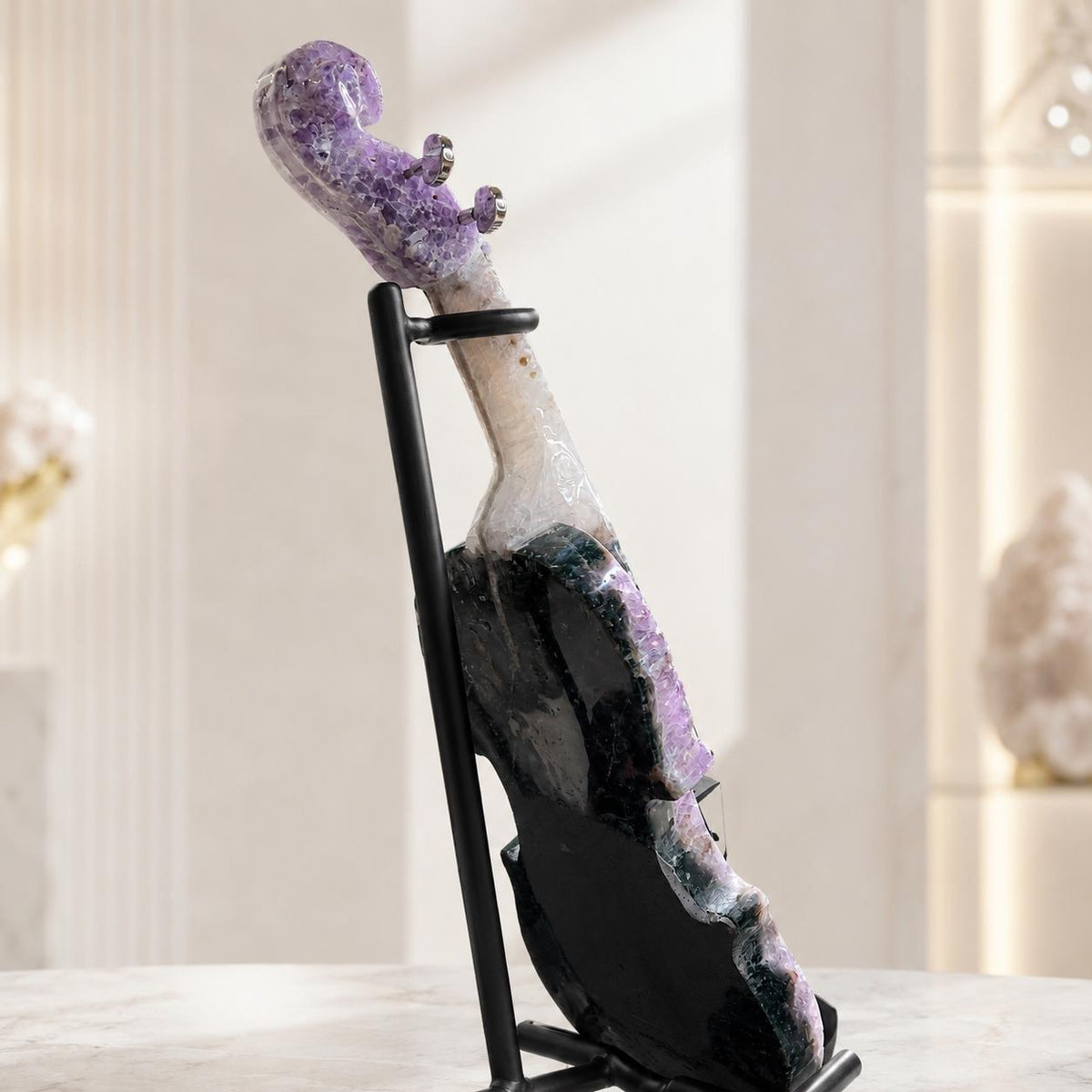Amethyst Agate Crystal Violin Sculpture, Brazilian Designer Handmade Music Art Collectible, One of a Kind Statement Decor - view 8