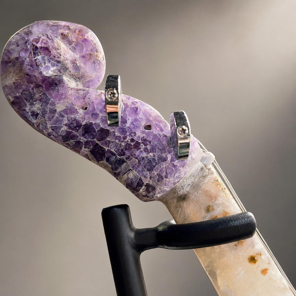 Amethyst Agate Crystal Violin Sculpture, Brazilian Designer Handmade Music Art Collectible, One of a Kind Statement Decor - view 9
