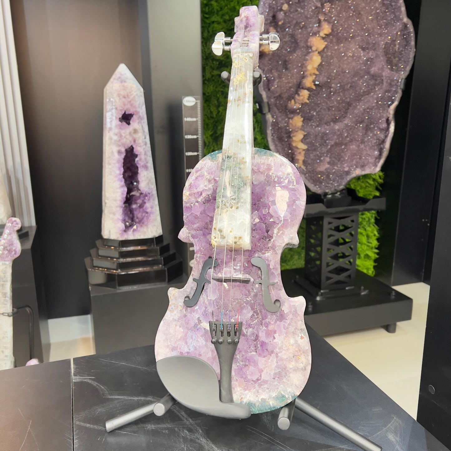 Amethyst Agate Crystal Violin Sculpture, Brazilian Designer Handmade Music Art Collectible, One of a Kind Statement Decor