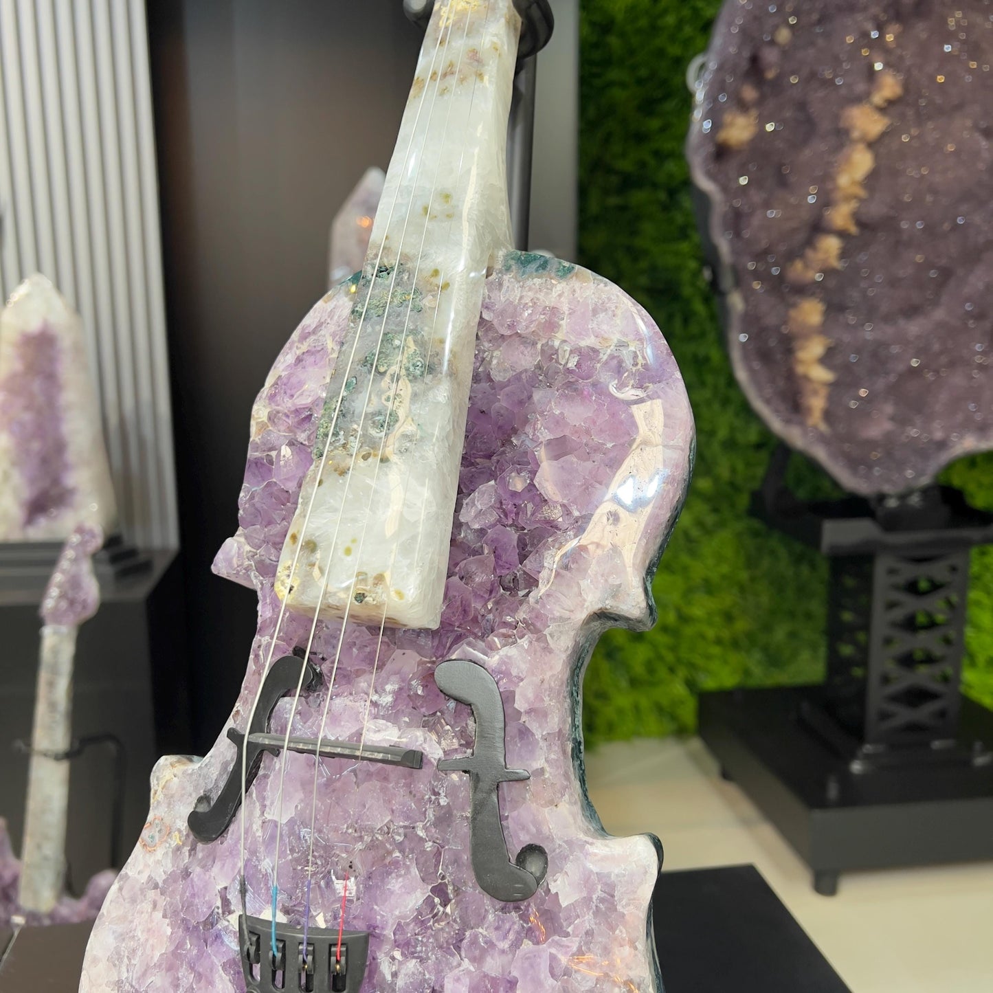 Amethyst Agate Crystal Violin Sculpture, Brazilian Designer Handmade Music Art Collectible, One of a Kind Statement Decor