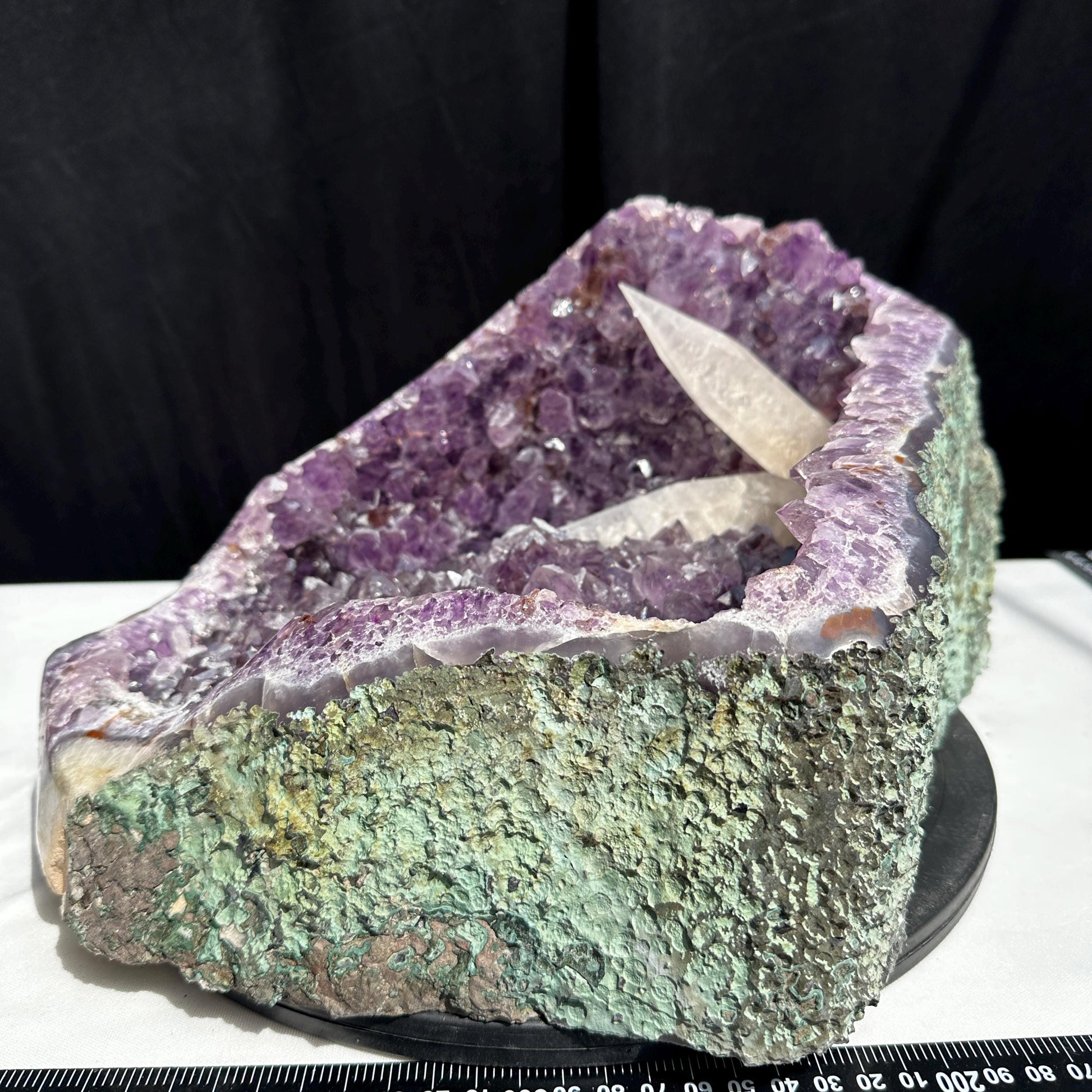 Massive 24lb Brazilian Amethyst Geode Basin, Rare Calcite & Rutile Symbiosis, Polished Green Matrix Crystal Cave Exact Specimen - view 2