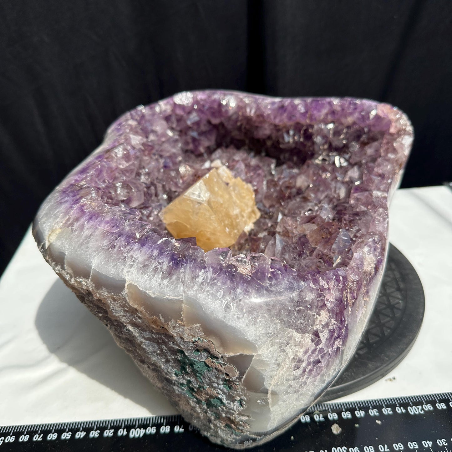 Massive 41.6lb Brazilian Amethyst Geode Basin, Rare Golden Calcite Symbiosis, Polished Crystal Cave Wealth Bowl Exact Specimen