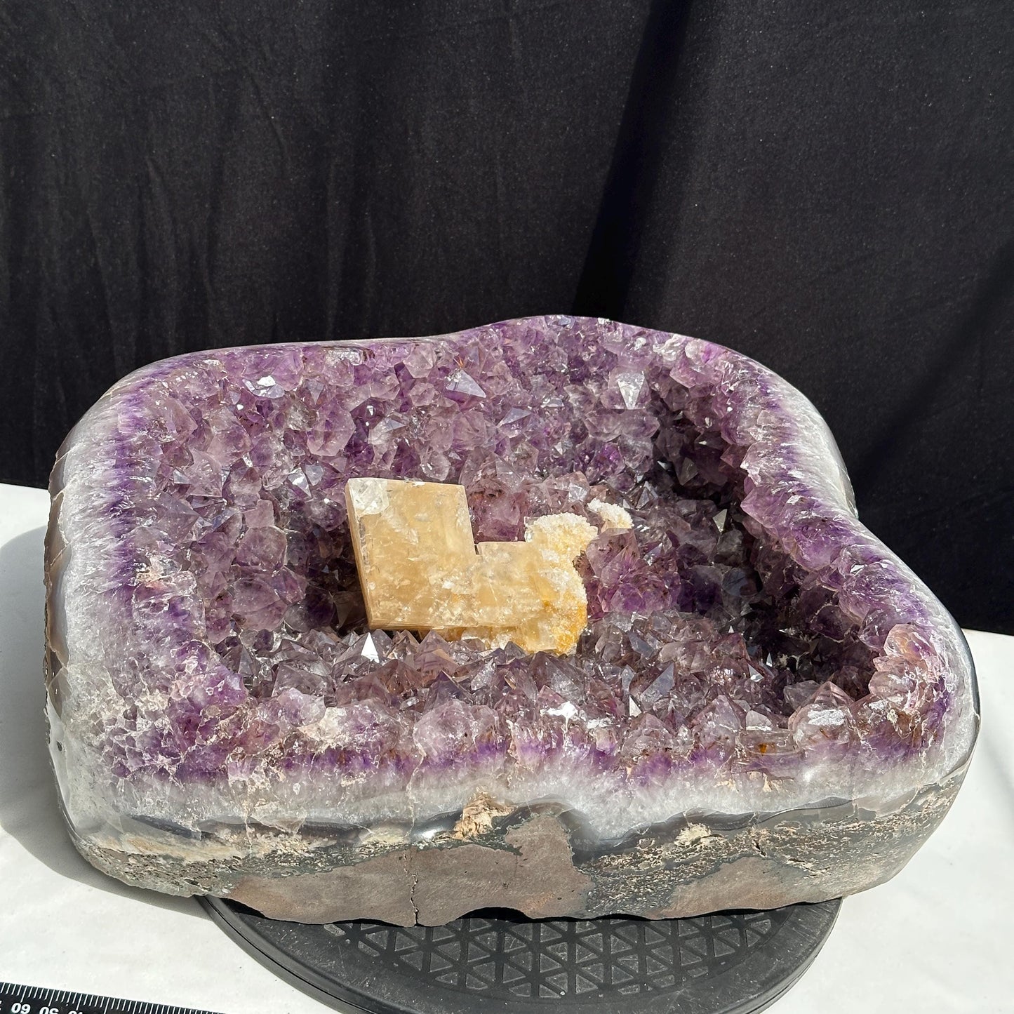 Massive 41.6lb Brazilian Amethyst Geode Basin, Rare Golden Calcite Symbiosis, Polished Crystal Cave Wealth Bowl Exact Specimen