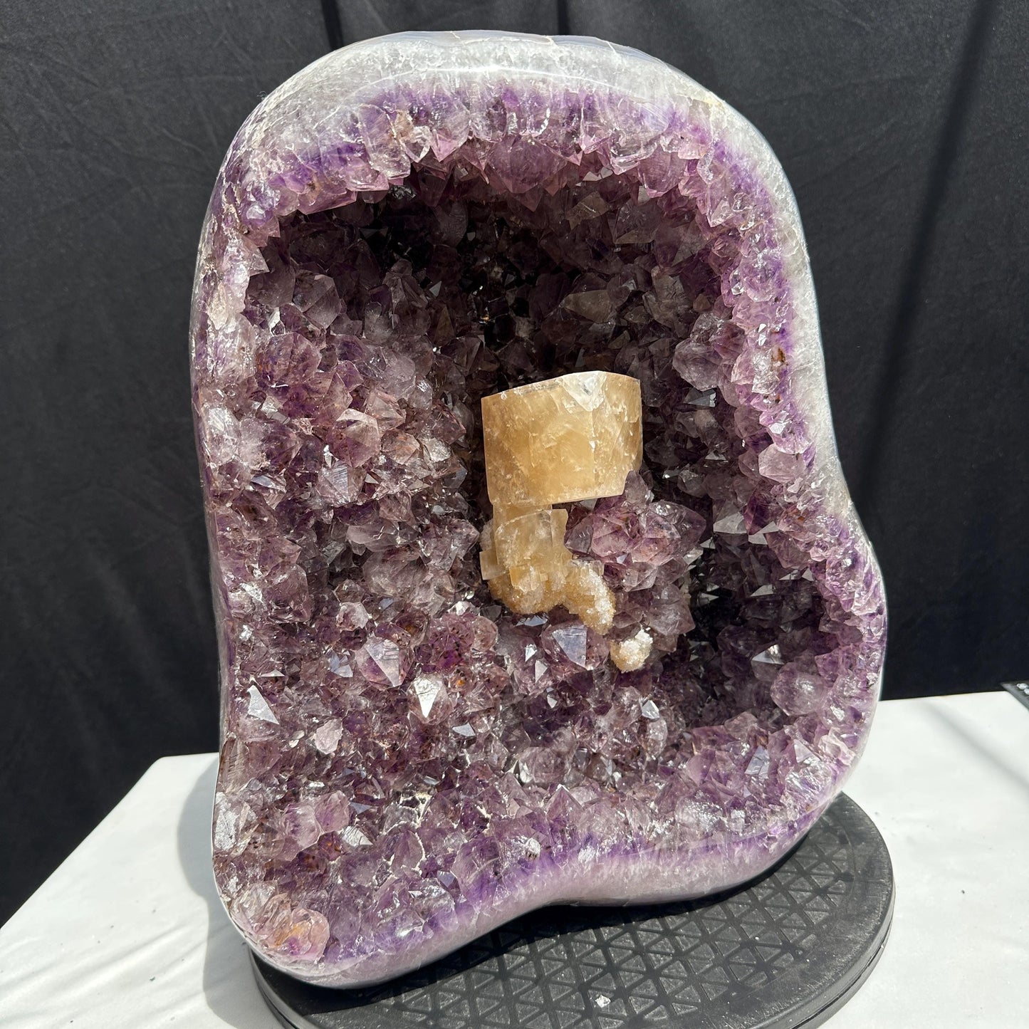 Massive 41.6lb Brazilian Amethyst Geode Basin, Rare Golden Calcite Symbiosis, Polished Crystal Cave Wealth Bowl Exact Specimen
