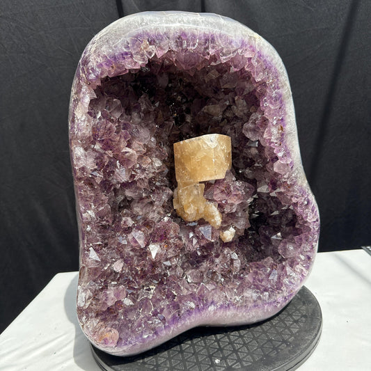 Massive 41.6lb Brazilian Amethyst Geode Basin, Rare Golden Calcite Symbiosis, Polished Crystal Cave Wealth Bowl Exact Specimen