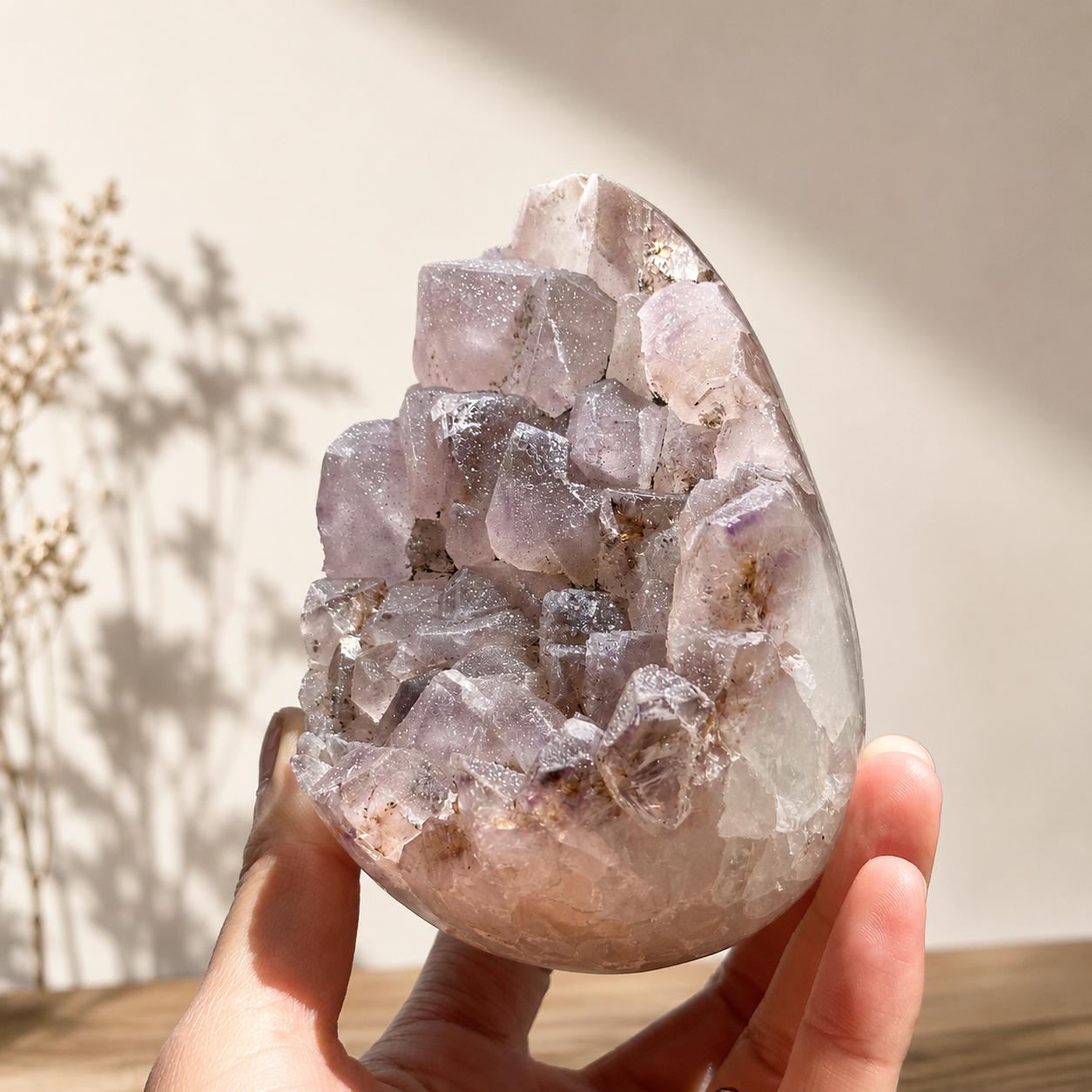 Natural Pink Sugar Druzy Uruguayan Amethyst Dragon Egg, Polished Crystal Geode Cave with Free Stand, Altar Decor Exact Specimen 2.1lb