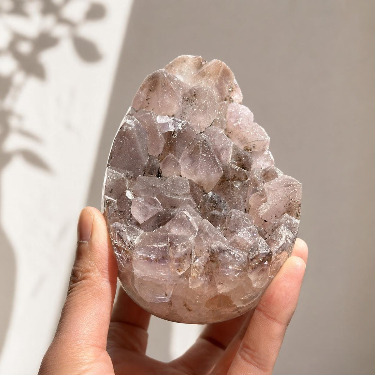 Natural Pink Sugar Druzy Uruguayan Amethyst Dragon Egg, Polished Crystal Geode Cave with Free Stand, Altar Decor Exact Specimen 2.1lb - view 2