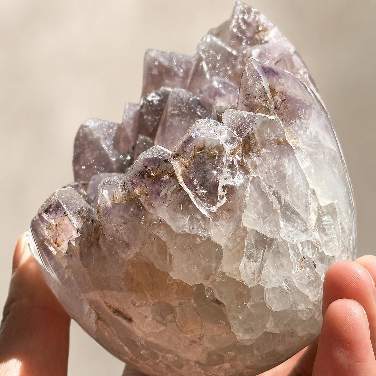 Natural Pink Sugar Druzy Uruguayan Amethyst Dragon Egg, Polished Crystal Geode Cave with Free Stand, Altar Decor Exact Specimen 2.1lb