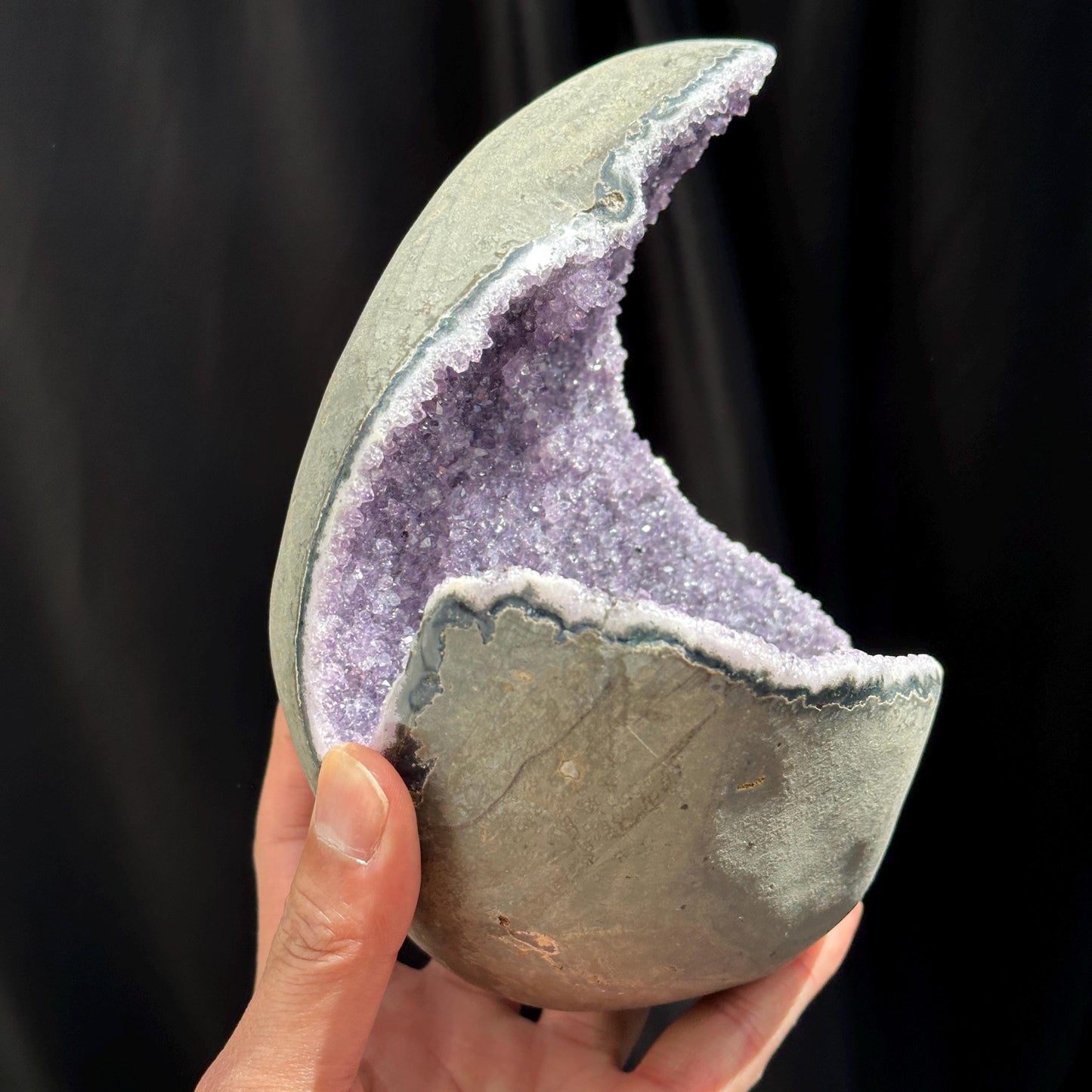 Unique Deep Cave Brazilian Amethyst Geode on Wood Stand, Rare Crescent Moon Crystal Nest, Purple Quartz Altar Decor Exact Specimen 3.4lb - view 7